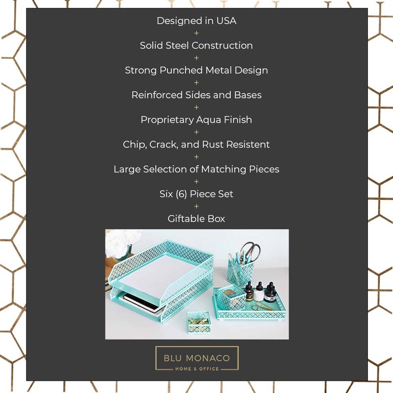 BLU MONACO Aqua Desk Organizer Set for Women | 6-Piece Interlocking Office Supplies Set | Pen Cup, Accessory Trays & Letter Trays | Steel Desktop Paper Organizer | Aqua Desk Organization System - Image 3
